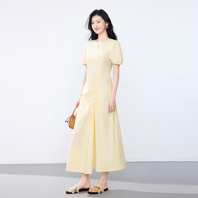 JOY SPEAKER Women's 2025 Summer Round Neck Pleated Waist Midi Dress