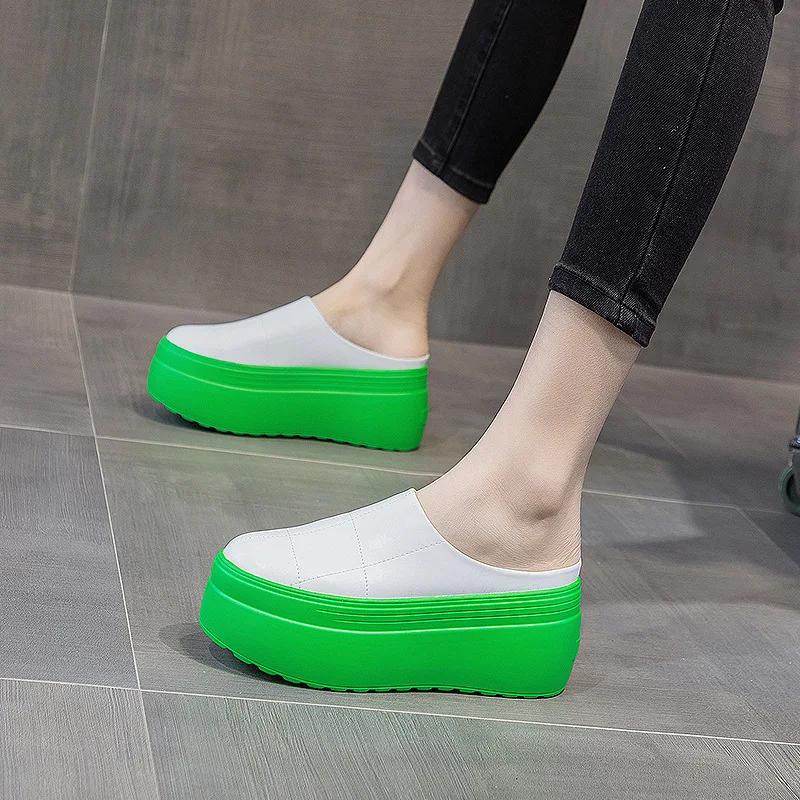 Fashion 2024 new Half slippers women's spring  slippers women's shoes solid color thick sole height 8cm green sole personality half drag