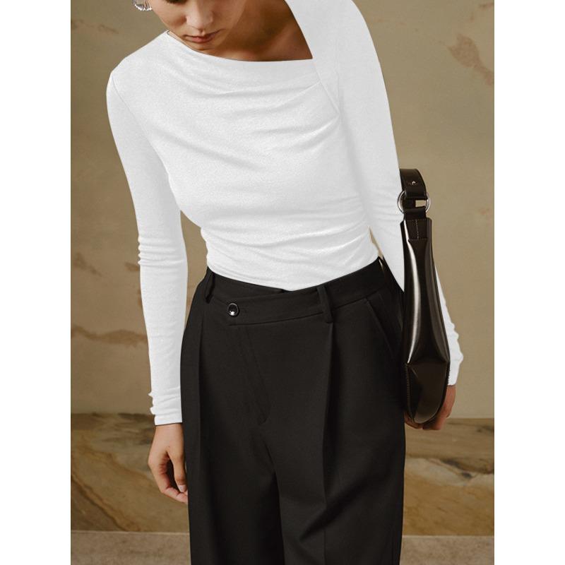 Women's Sexy Slant Neck Long Sleeve Solid Colour Inner Temperament Elegant Top