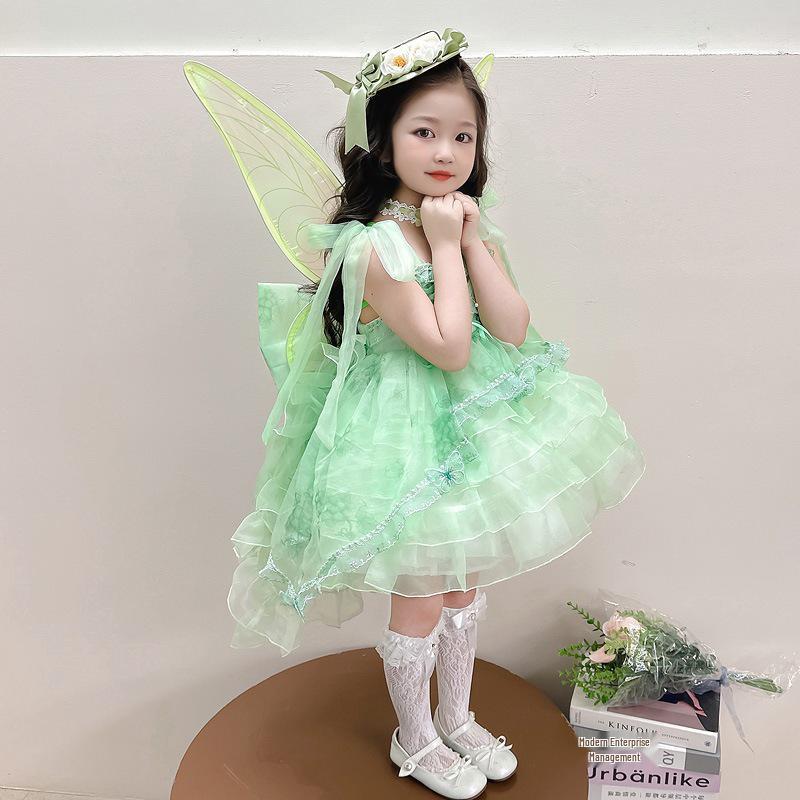 Girls' 2025 Summer Lolita Princess Dress with Stylish Wings - Green Grape Birthday Skirt