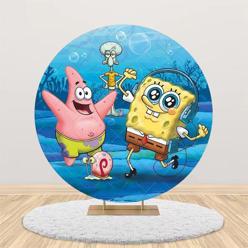 Cartoon SpongeBob Children Birthday Party Round Backdrop Cover Kid Room Decoration Baby Shower Photography Background Props