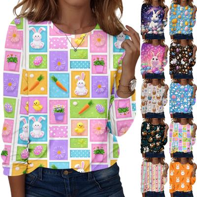 Top casual diario para mujer con manga larga, estampado de Pascua y cuello redondo