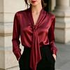 Satin-finish Ribbon Shirt, V-neck, Knotted, Long-sleeved, Formal Work Shirt for Women