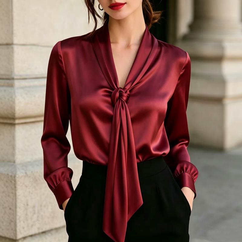 Satin-finish Ribbon Shirt, V-neck, Knotted, Long-sleeved, Formal Work Shirt for Women