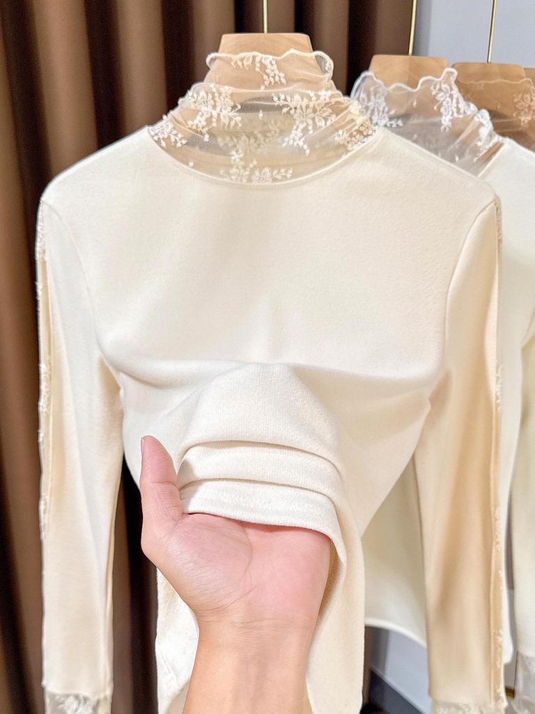 Women's Brushed Lace Base Layer Top: High Neck, Long Sleeve, Ruffled Collar, Slim Fit - Autumn/Winter Arrival