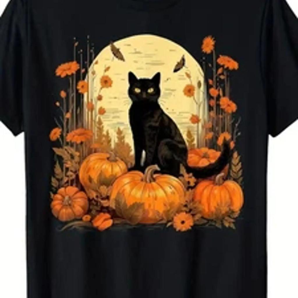 Halloween Black Cat Pumpkins T Shirt Autumn Floral Design All Seaso Vintage Breathable Stretched Graphic Slightly Casual