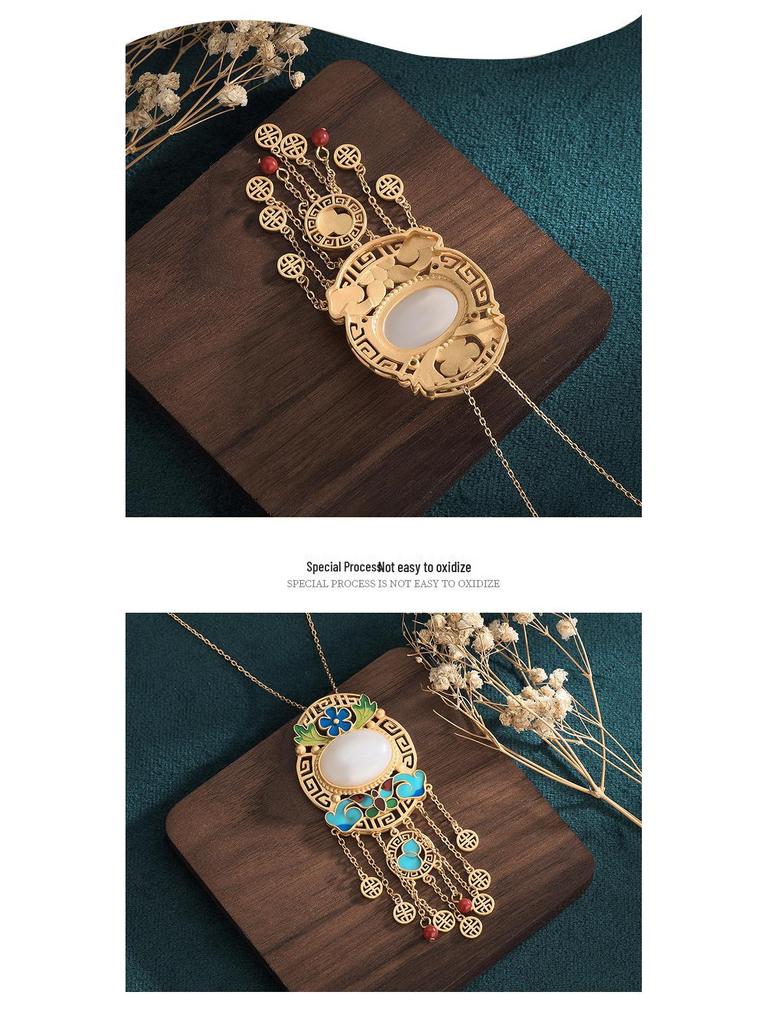 Ancient Gold-Plated Enamel Hetian Jade Tassel Necklace for Women