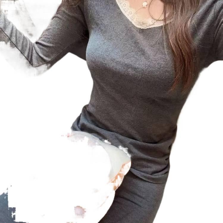 Lace-trimmed, Lightweight Thermal Underwear for Autumn and Winter, Women's Velvet, Sexy, Slimming, Long Johns, Base Layer Shirt Set