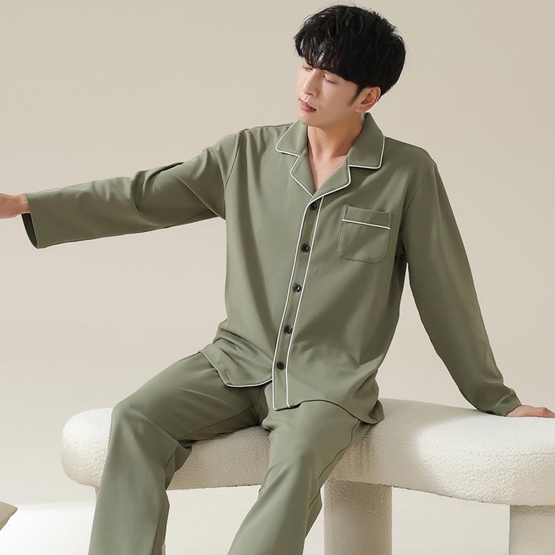 Herren Übergröße Reiner Baumwoll-Pyjama-Set - Langärmiger Cardigan für Herbst/Winter