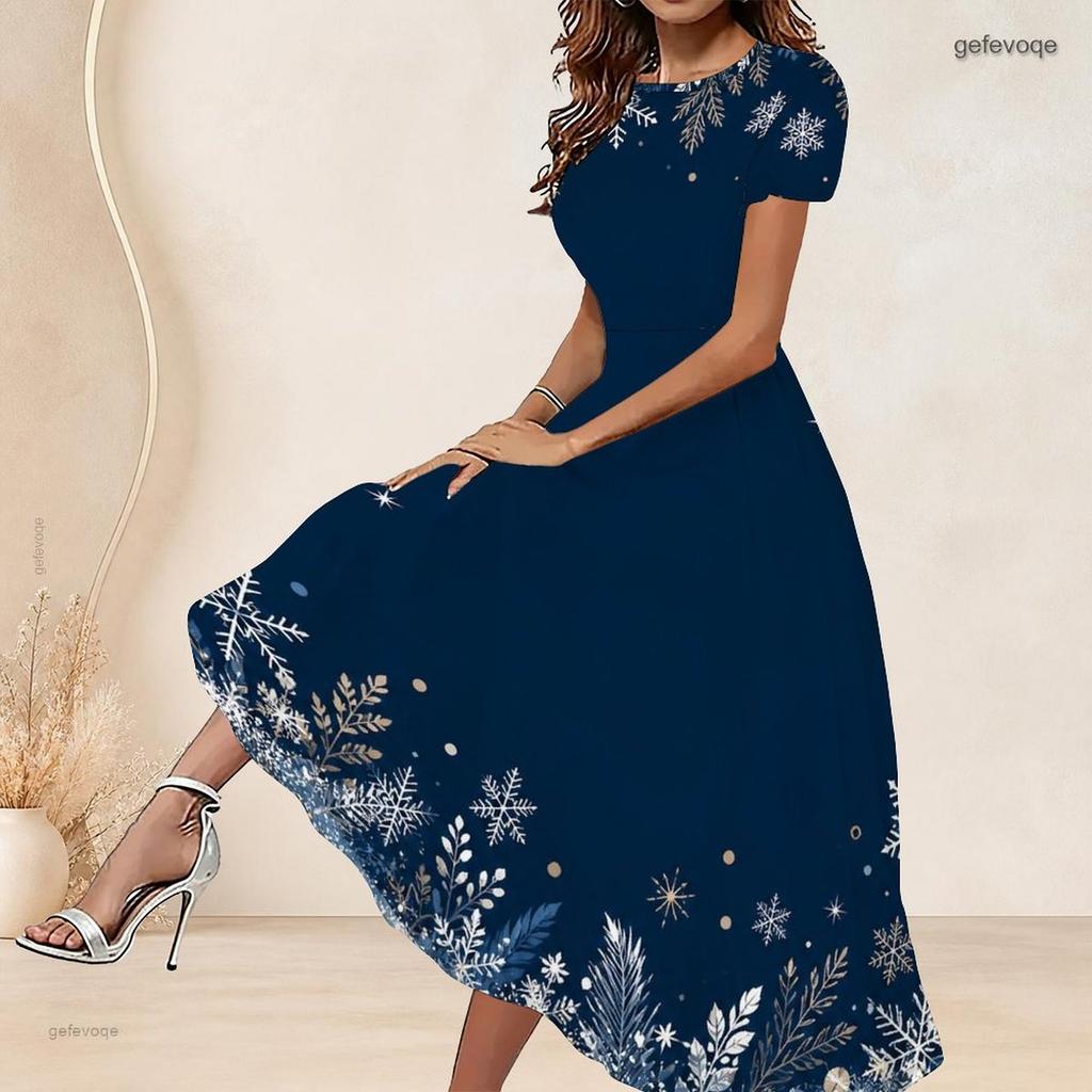 Women Plus Size Round Neck Short Sleeve Snowflake Printed Navy Blue Gathered Waist A Line Long Dress