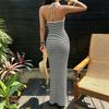 Summer Striped Neck-hanging Knitted Dress, Slim-fitting Hip-wrapping Seaside Vacation Slim Dress