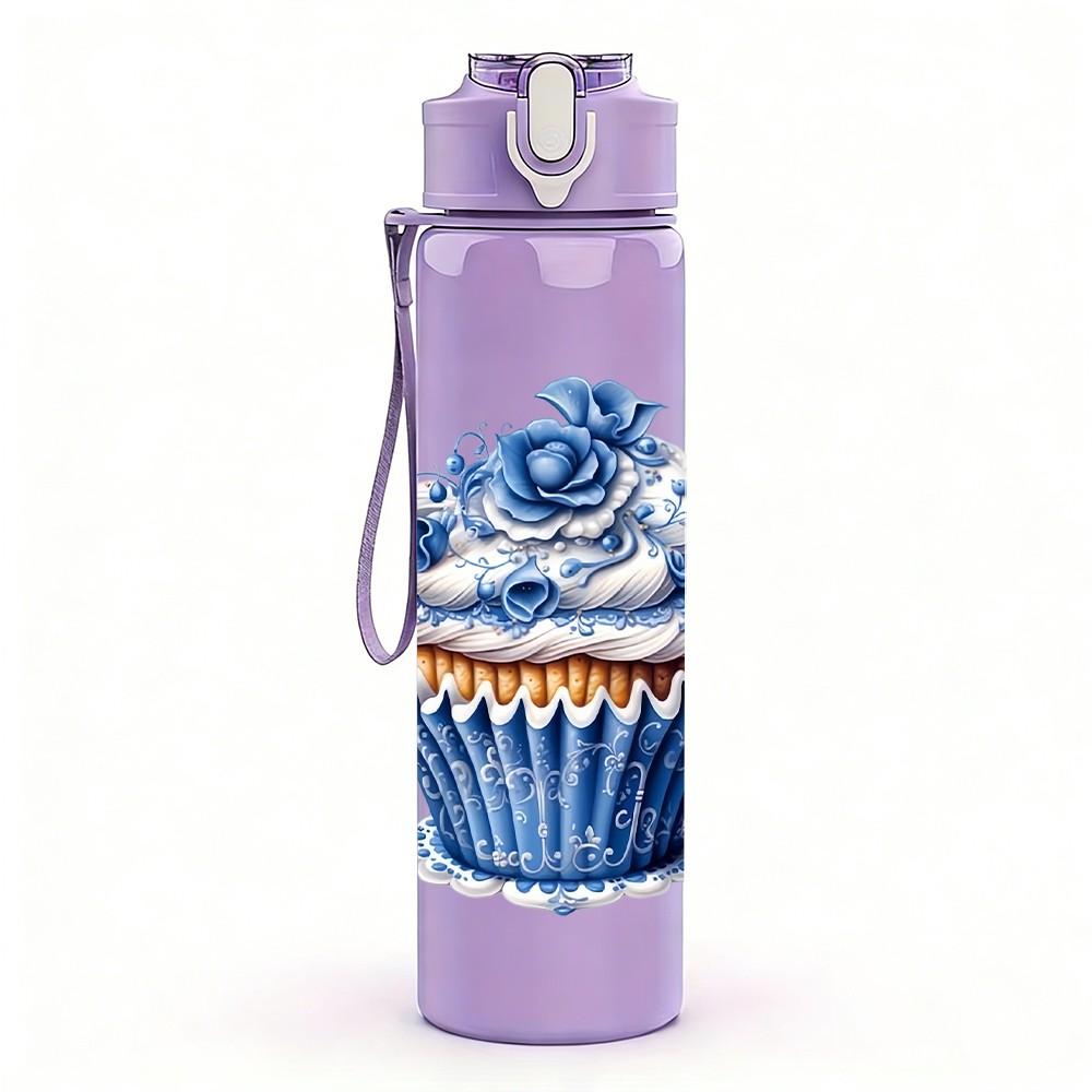 1PC Blue Frosted Cupcake 750ml Color Plastic Sports Water Bottle Leakproof Flip Straw Lid Suitable for Sports Office Home Use