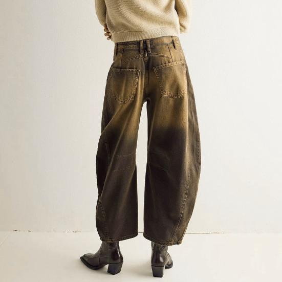 Women Jeans Denim Loose Straight Wide Leg Mid Waist Gradient Color Hip Hop Retro Ankle Length Pockets Soft Breathable Lady Long Pants Trousers