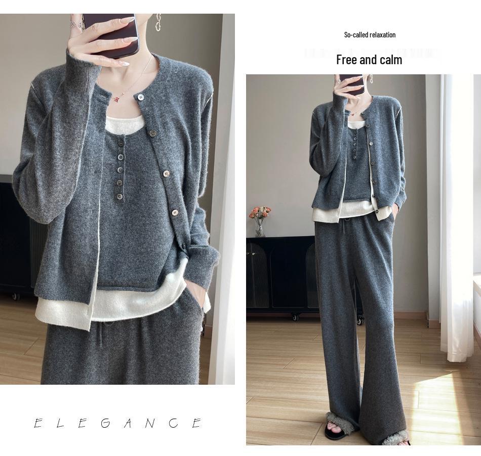 Women's 100% Wool Cardigan: Autumn-Winter Knit Jacket, Loose Fit, Long Sleeve, Versatile Outerwear.