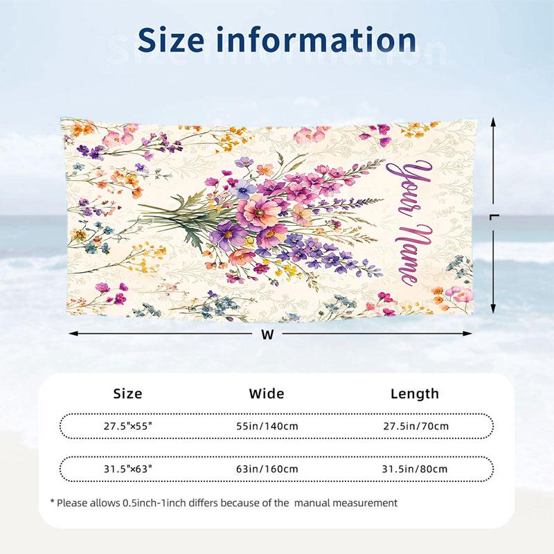 Floral Birds Theme Quick Dry Beach Towel Custom Name Text Print Large Sand Resistant Towel Beach Vacation