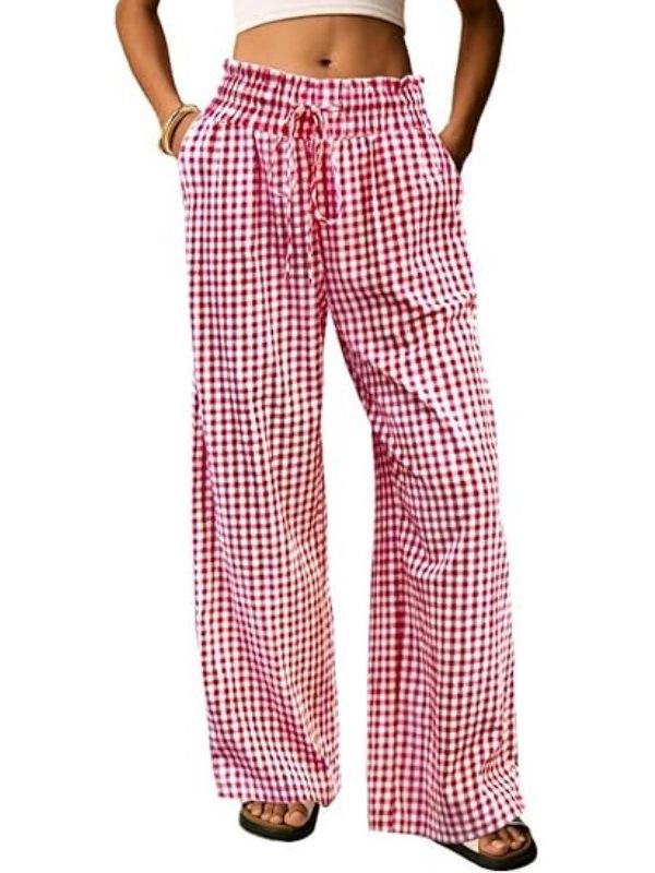 European Plaid Women's Wide-Leg Elastic High-Waist Pajama Pants with Drawstring
