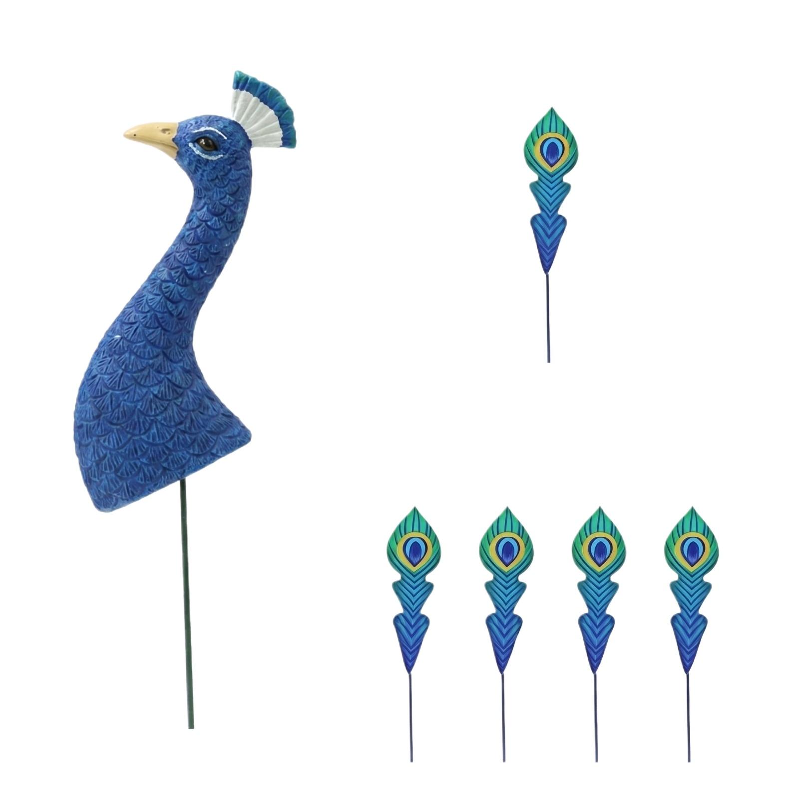 

Peacock Feather Plant Stakes Set Decorative Garden Pot Ornaments Durable Resin Animal Head and Feathers for Indoor Outdoor Use One Size