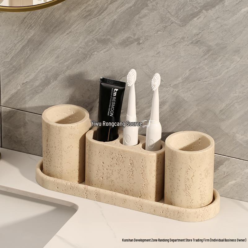 Travertine 4-Piece Bathroom Set: Mouthwash Cup, Toothpaste Holder, Electric Toothbrush Rack