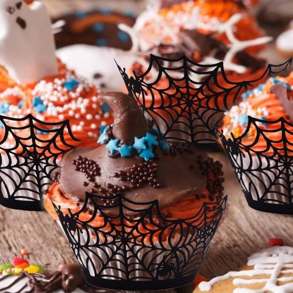 12PCS Cupcake Wrappers Halloween Spider Web Cupcake Liners Baking Cups Decoration Cupcake Liners Dessert Decorations Tool