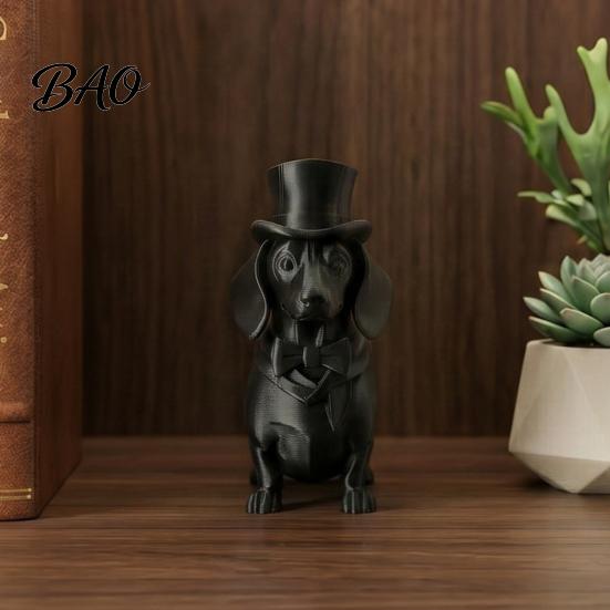 Palm-sized Sculpture 3D Printed Dachshund Statue with Top Hat, Vintage Gentleman Dog Space-saving Ornament Figurine, Cute Desk Decor for Home Office,