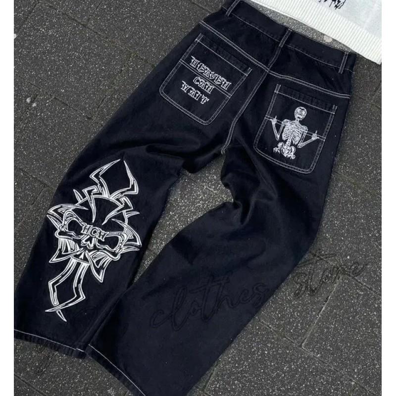 Calças Jeans Masculinas Y2K Hip Hop Góticas de Perna Larga Corte Amplo Streetwear Calças de Brim Calças Casuais