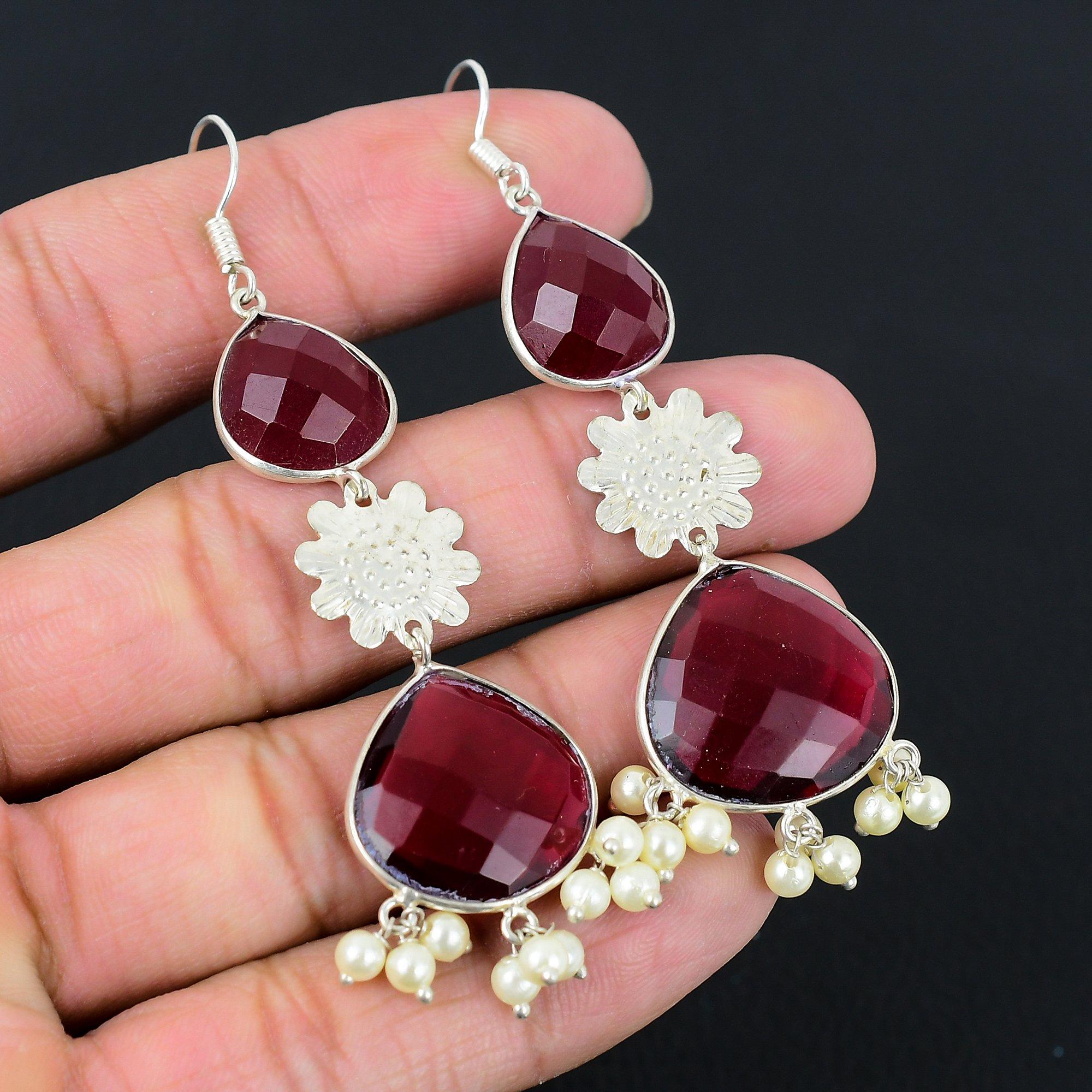 

Gift For Her Natural Mozambique Garnet Drop/Dangle Earrings 925 Silver