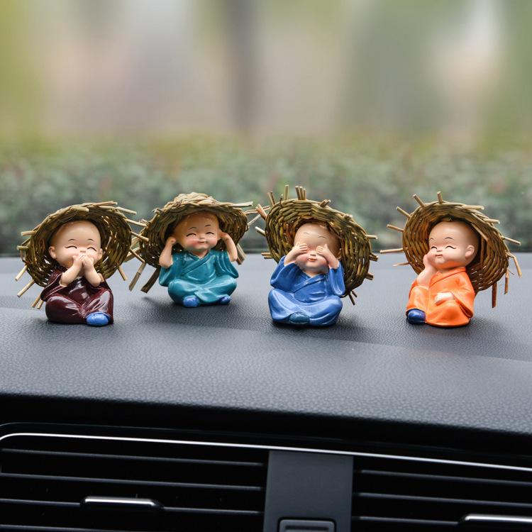 Straw Hat Monk Swinging Desk & Car Ornament - Set of 4 Bald Novice Figurines