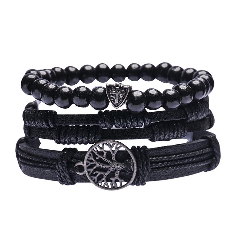 Meier Multi-layer braided leather bracelet for men - genuine cowhide leather & alloy tree of life bangle чёрный