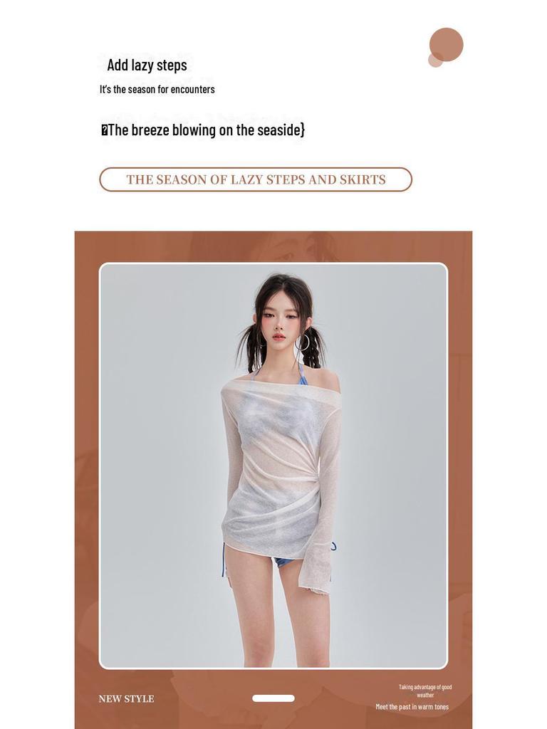 Damski trzyczęściowy zestaw kąpielowy: Bluzka z nadrukiem, Denim, Zakrywająca brzuch dla wyszczuplającego wyglądu, Konserwatywny styl gorących źródeł, Mały biust, Czysta elegancja.