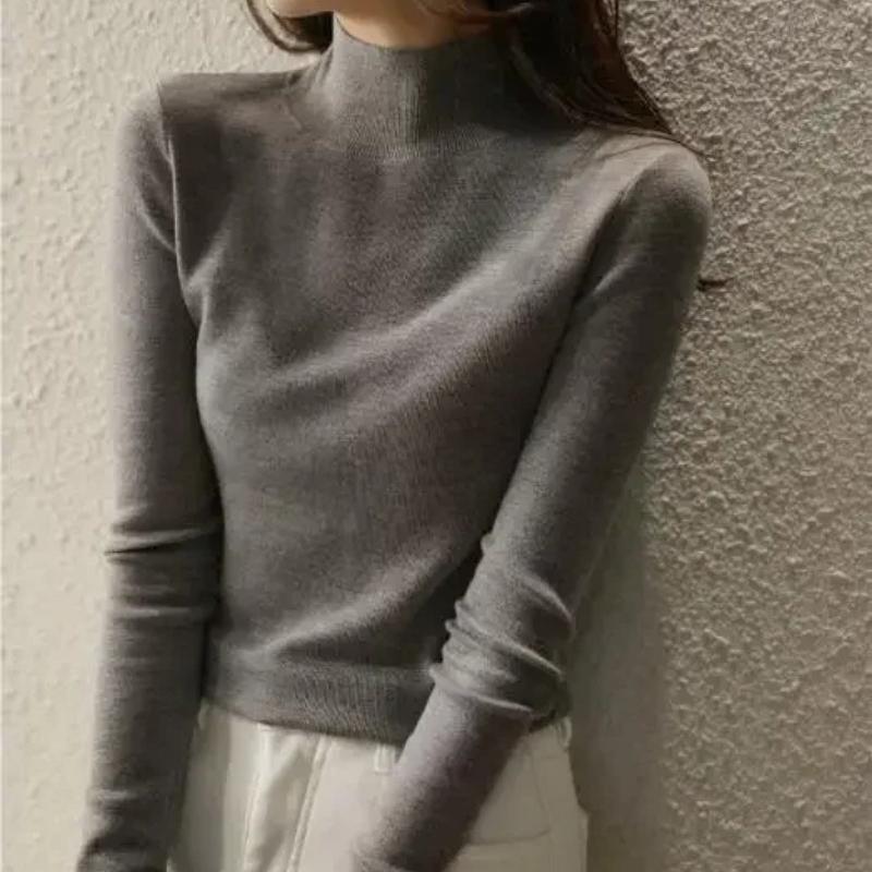 Осенне-зимний классический свитер, пуловер с высоким воротником, модная одежда, тонкий трикотаж с длинными рукавами, повседневная одежда 29926 One Size светло-серый