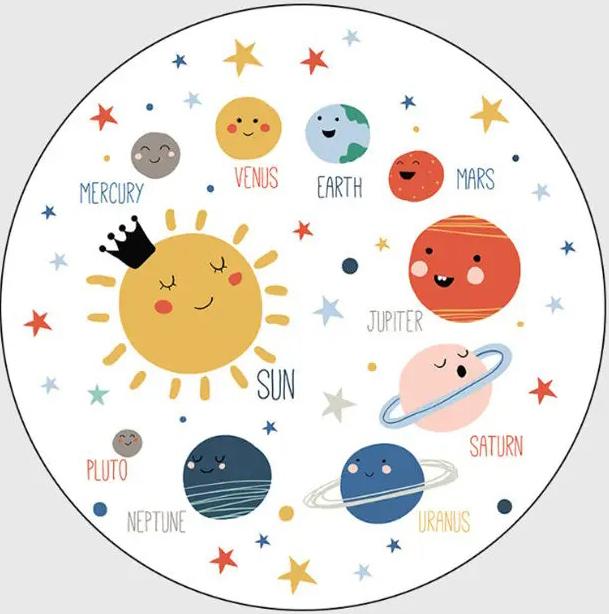 Kids Space Round Rug Collection Cartoon Planet Rocket Alien Pattern Educational Carpet For Children's Room Decor