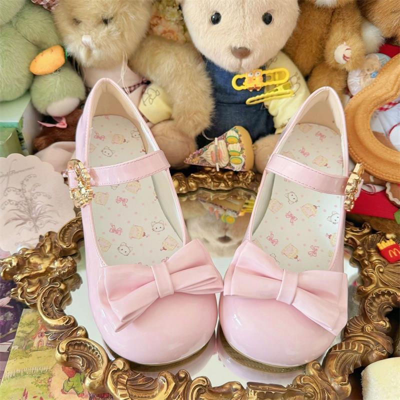 Sweet pink bow shallow mouth single shoes women's summer 2025 new cute lolita shoes low heel round head lolita
