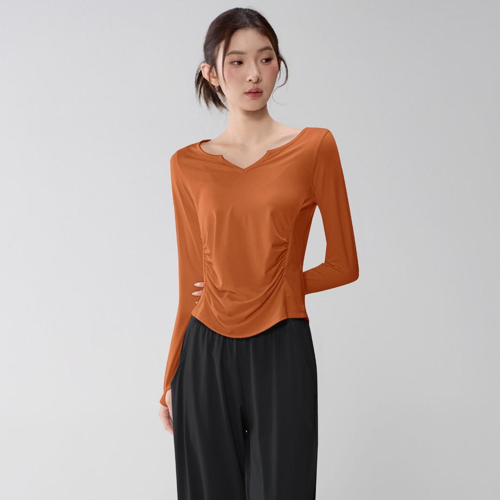 Women's V-Neck Yoga Suit: Loose, Quick-Dry, Long Sleeve for Casual Sports and Pilates Training