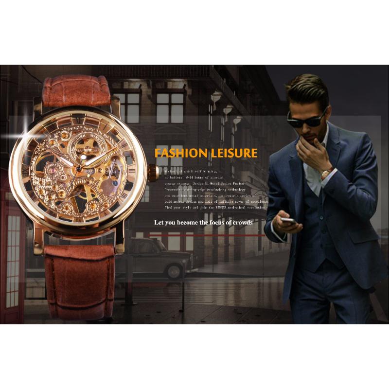 WINNER Men's Mechanical Watch Fashion Casual Vintage Roman Belt Cutout Watch Manual Mechanical Watch