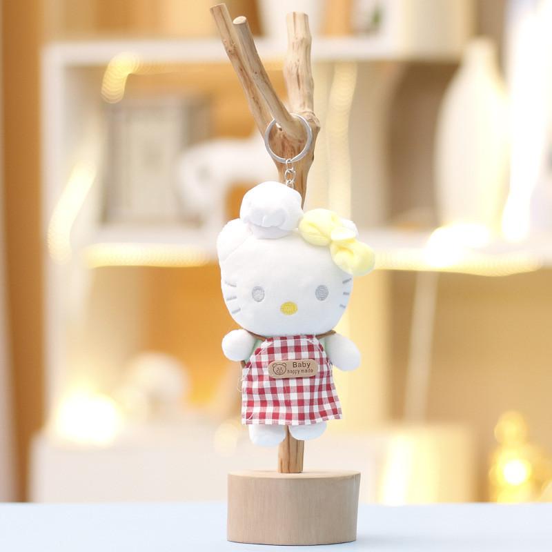 Cute Hello Kitty Chef Hat And Plaid Apron Design Cartoon Plush Pendant Keychain For Kids And Collectors YellowRed