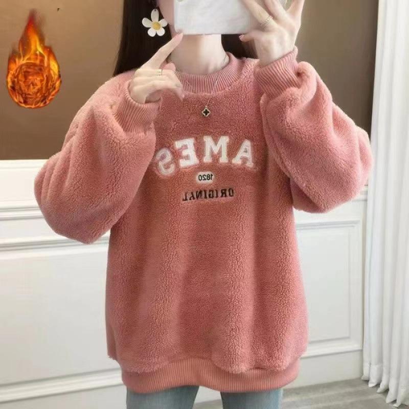 Свободный студенческий свитшот из овечьей шерсти, утепленный вельветом, без капюшона для женщин, осенне-зимний стиль, топ с длинным рукавом из овечьего вельвета 3XL