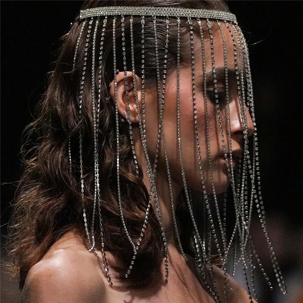 Neues Zubehör, Personalisierter Überzogener Strass-Kopfschmuck mit Langen Fransen, Punk-Haarkette, Haarreif