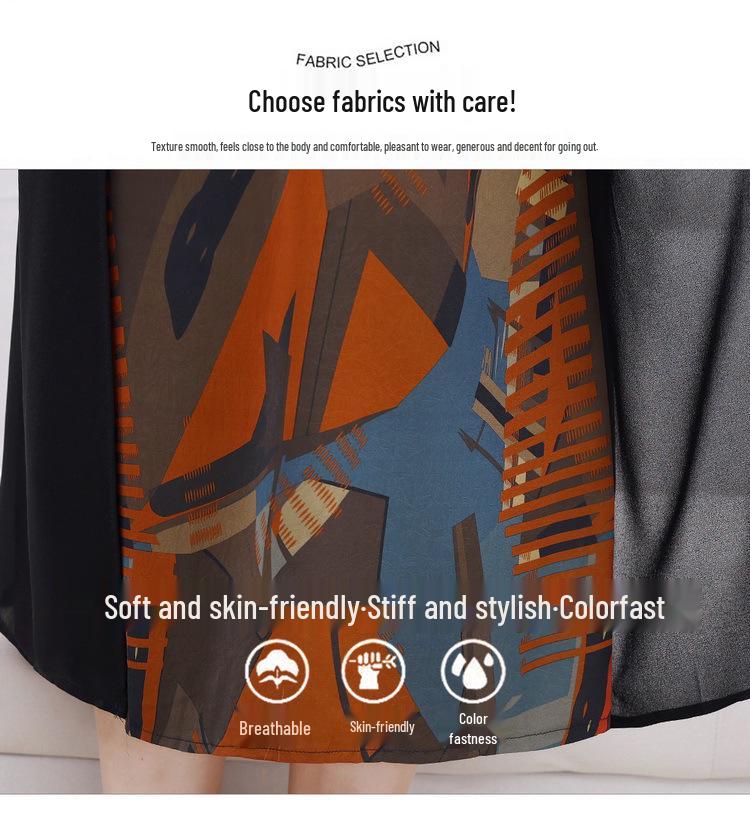 Elegant Plus Size Chiffon Patchwork Dress for Mature Women - Summer Short Sleeve, Stylish Two-Piece Look.