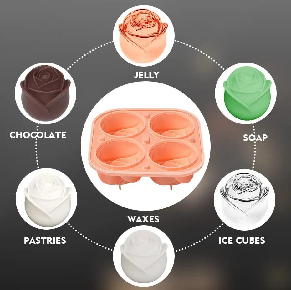 3D Rose Ice Molds 2.5 Inch Large Ice Cube Trays Make 4 Giant Cute Flower Shape Ice Silicone Rubber Fun Big Ice Ball Maker
