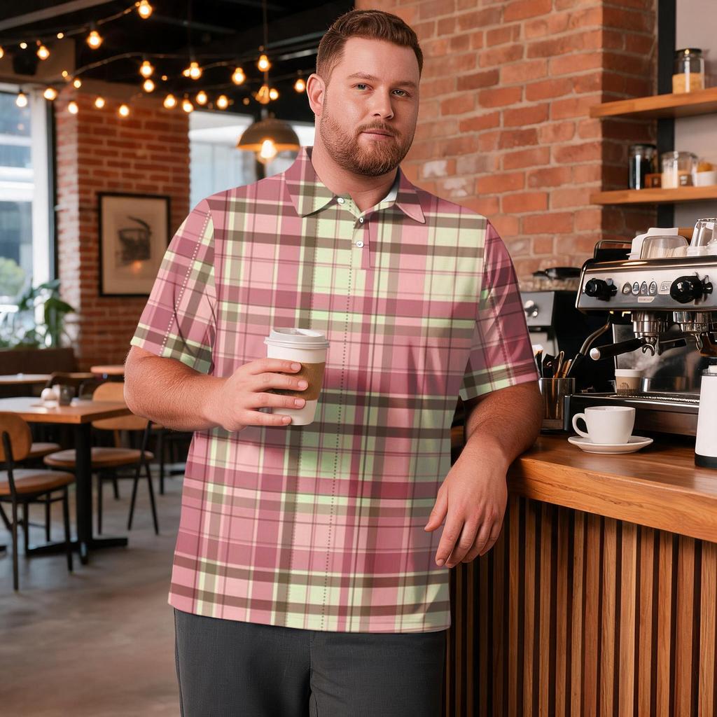 Men's Big Size Polo Shirt Short Sleeve Breathable Golf Shirt Casual Workwear Collared Button Up Shirt with Checkered Print