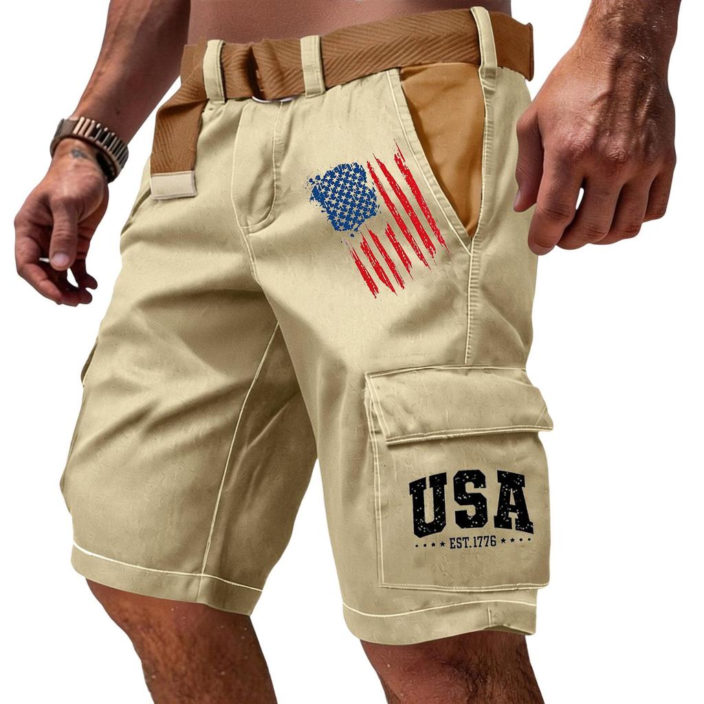 Men's Casual Multi Pocket Cargo Shorts with Flag and Letter Print Design Functional Workwear Shorts Without Belt Suitable for Outdoor Activities