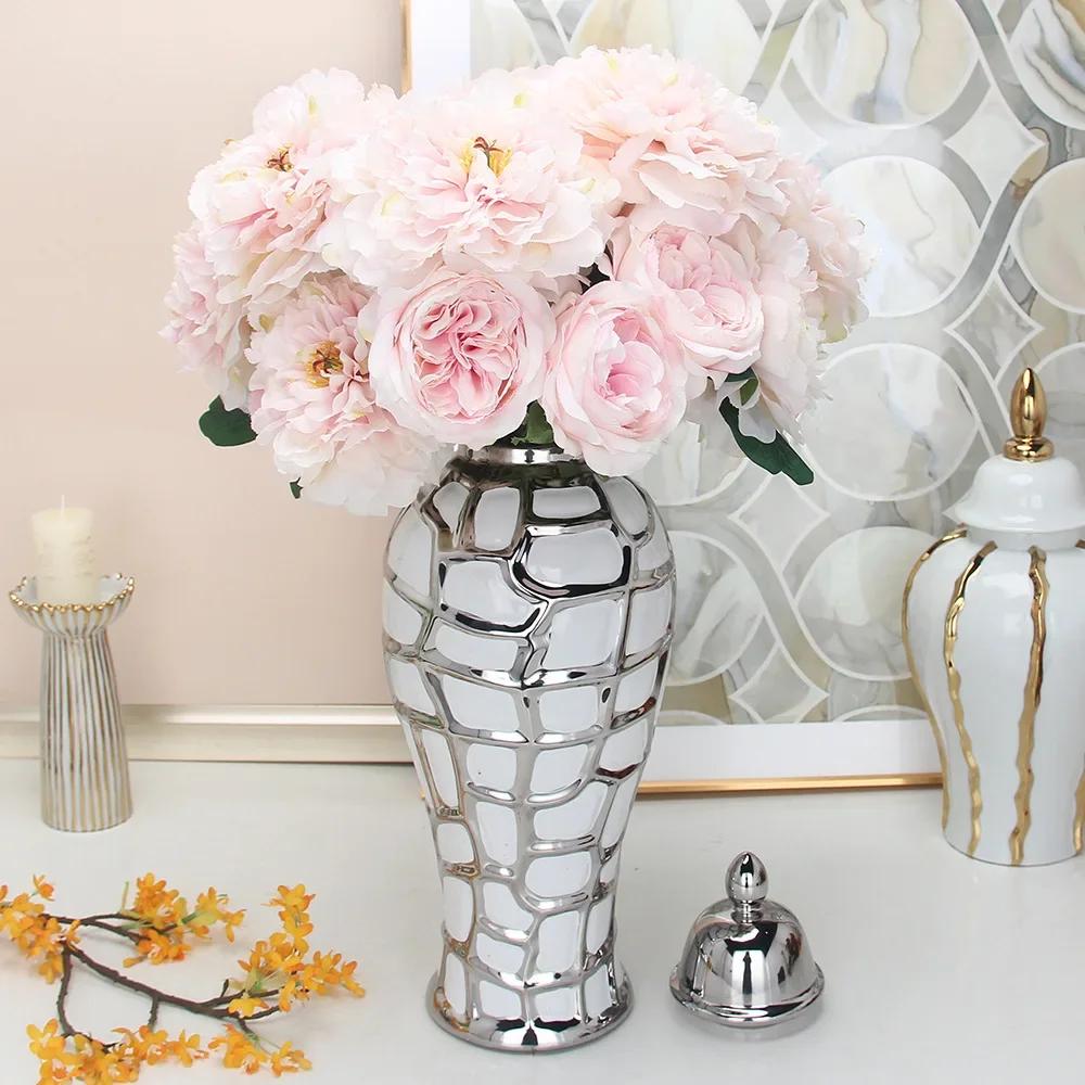 Ceramic General Pot Silver Grid  Porcelain Ginger Jar Storage Tank with Cover Flower Vase Home Furnishing Decoration Vases Pots