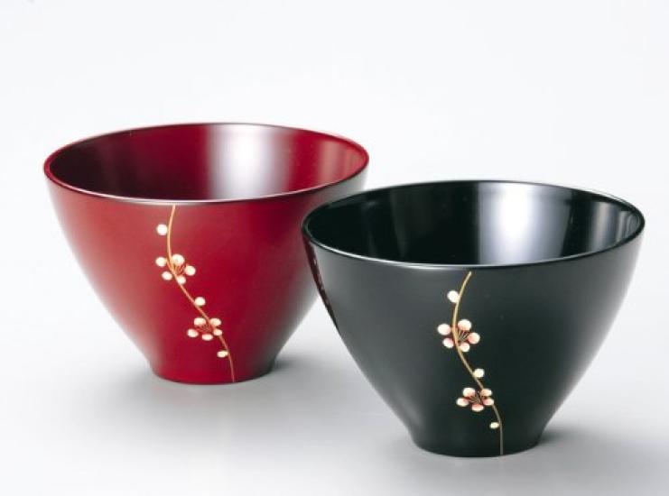 Echizen Lacquerware Bowls Soup Plum Blossom Black Ancient Set of 2 Lacquer 805702 Couple's (Couple's Bowls) Design, & Vermilion, (Wood Resin, Coated)