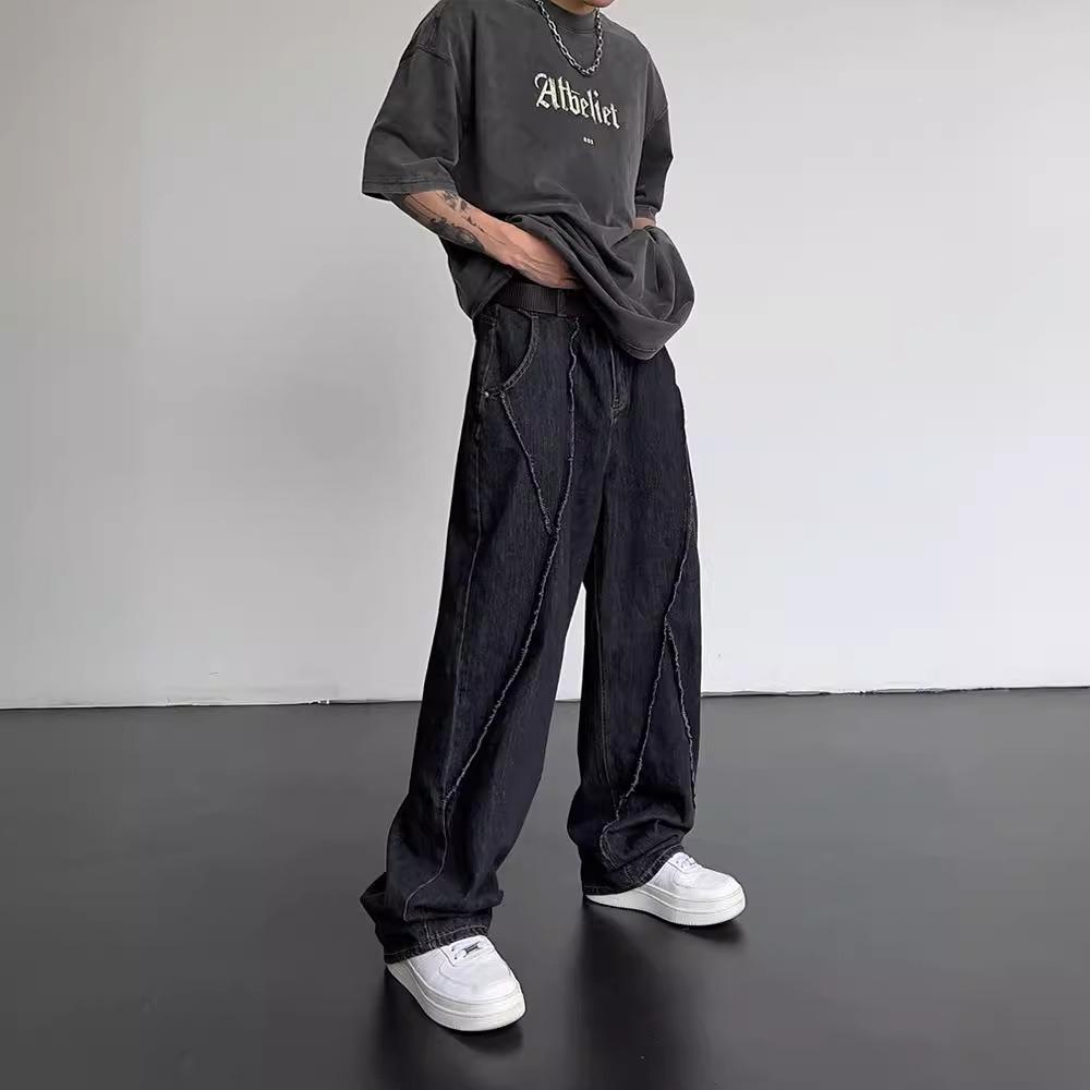 Fall Personality Hip-hop Straight Distressed Ripped Patchwork Men Fashion Loose Casual Wide-leg Jeans Plus Size
