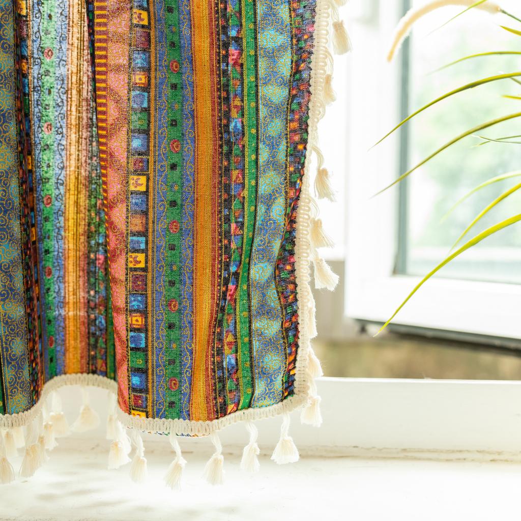 American Cotton And Linen Printed Curtains Finished Non-Punching Rural Kitchen Hanging Curtains Colored Fringed Coffee Short Curtains