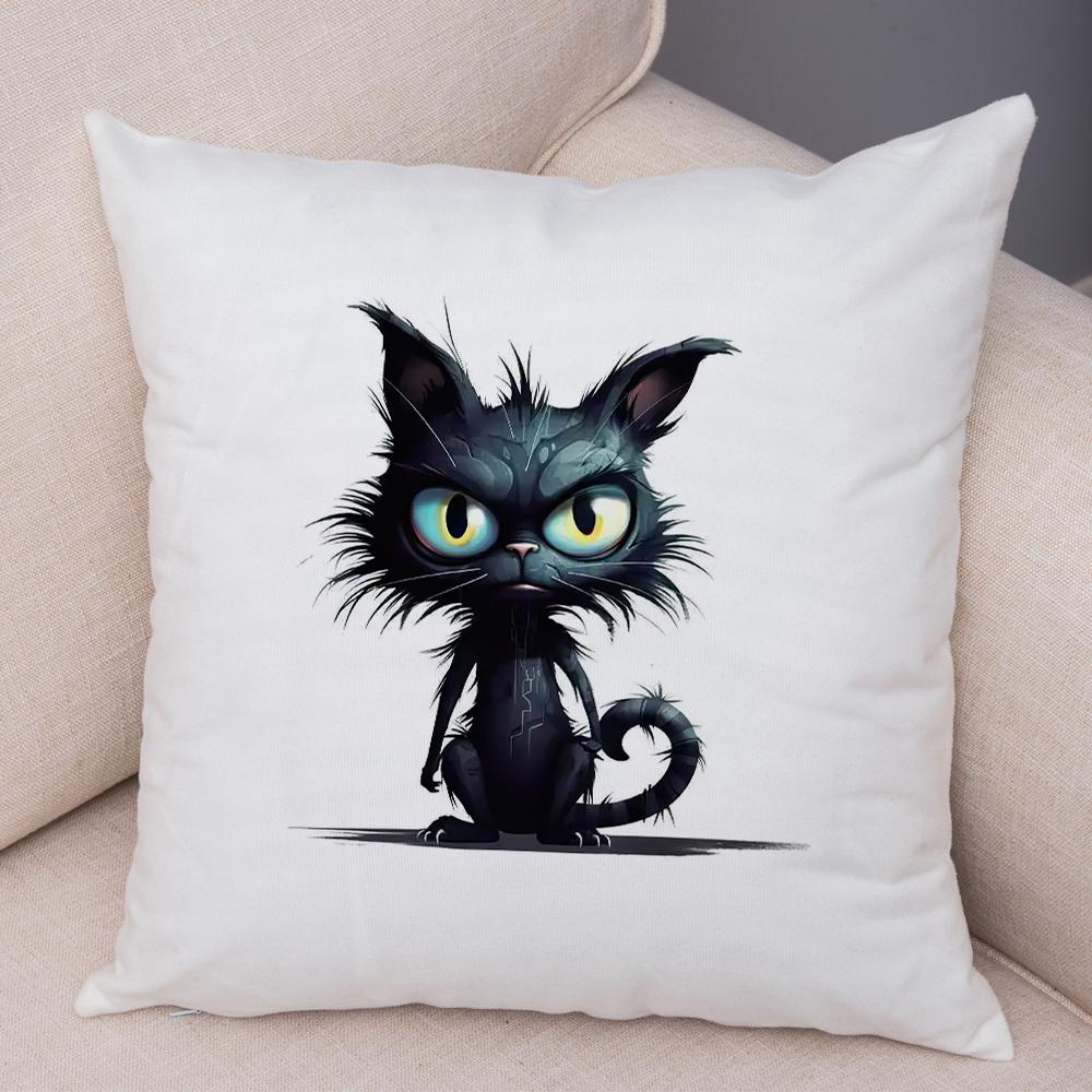 Grumpy Black Cat Pillowcase Double Print Striped Whimsical Cat Cushion Cover Soft Plush Curly Eared Fierce Cat Pillowcase