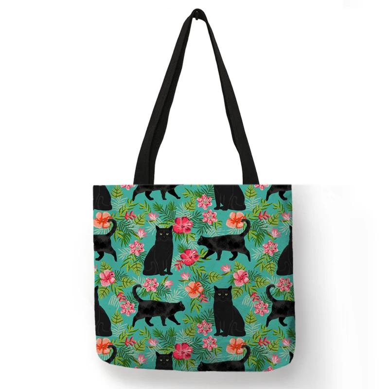Cute Cartoon Floral Cat Print Women Shopping Bag Linen Fabric Shoulder Bag Eco Storage Handbag Reusable Foldable Grocery Totes
