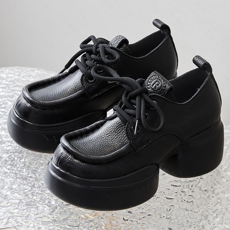 Fashion GKTINOO Thick Sole Pumps Versatile Genuine Leather Retro Women's Shoes 2025 Spring New Round Toe High Heel Platform Shoes