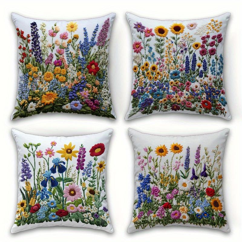 1/4pcs Floral Embroidered Pillowcases with Colorful Flowers Sofa Cushion Cover Home Bedroom Room Decoration