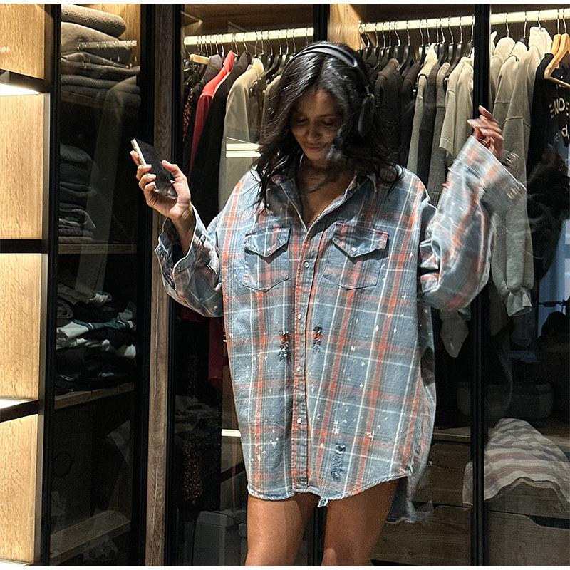 Blue Plaid Shirt Jacket Women's Spring Autumn 2025 New Elegant High-End Feel with Button Down The Front Female Casual Loose Blouses